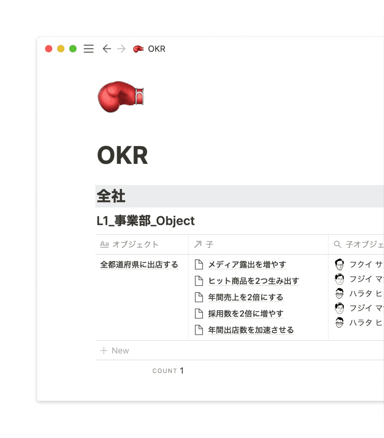 リレーションとロールアップ機能を用いて、事業部、チーム、個人の単位でOKRを管理しています。