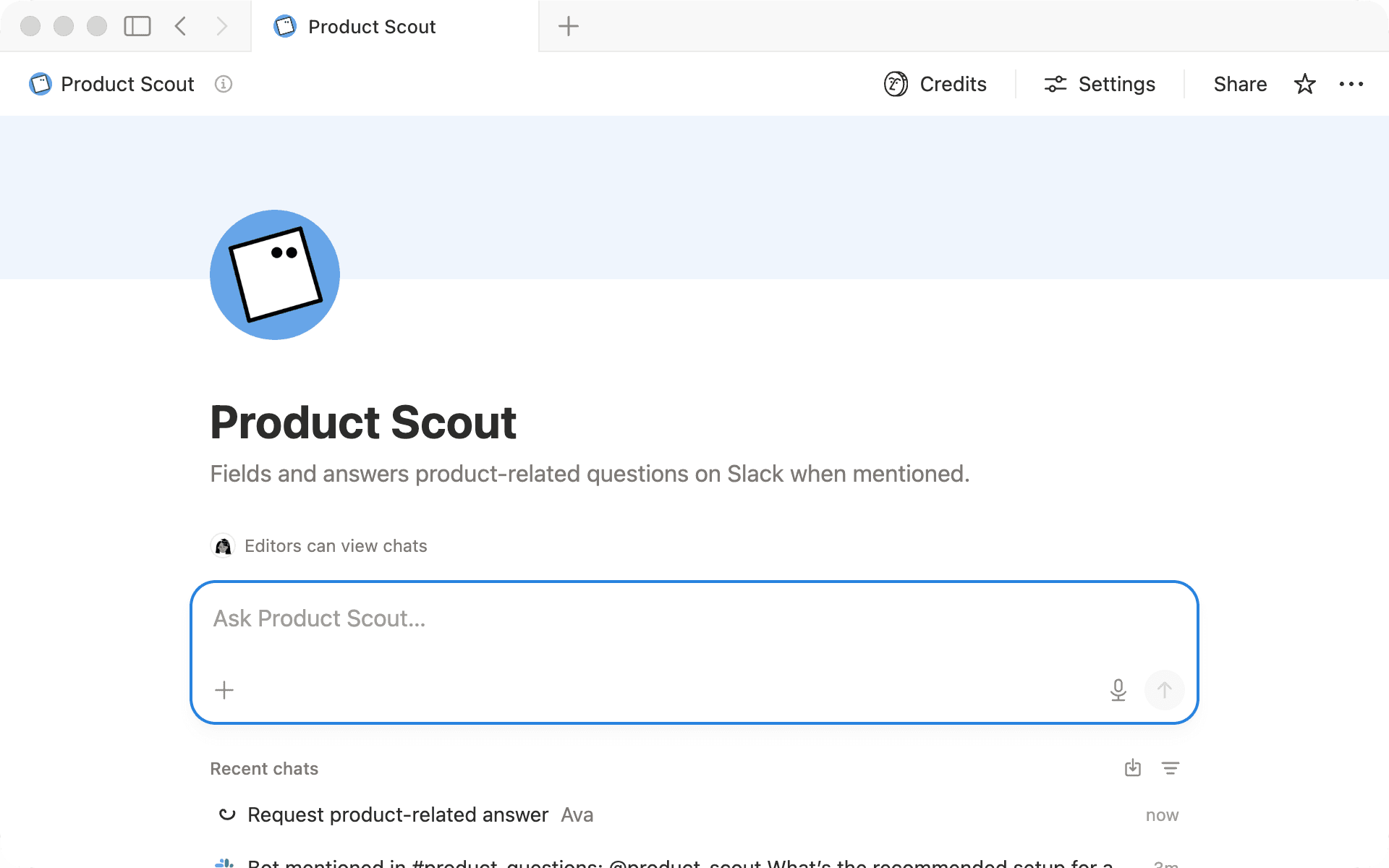 Product Scout answers a teammate's product question inside a Slack channel.