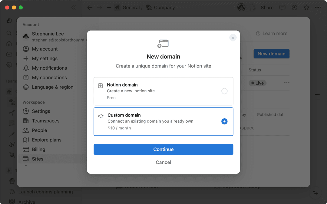 Kết nối miền tùy chỉnh với Trang web Notion