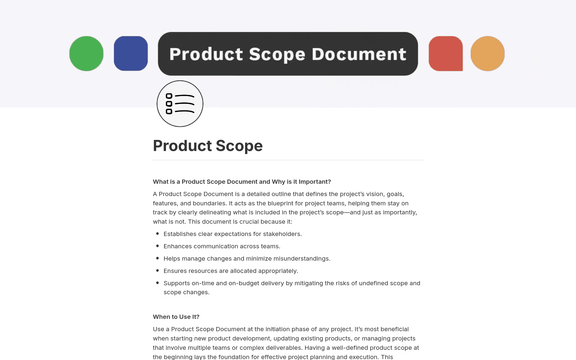 A product scope document in Notion that shows information on when to use this template and why it’s important