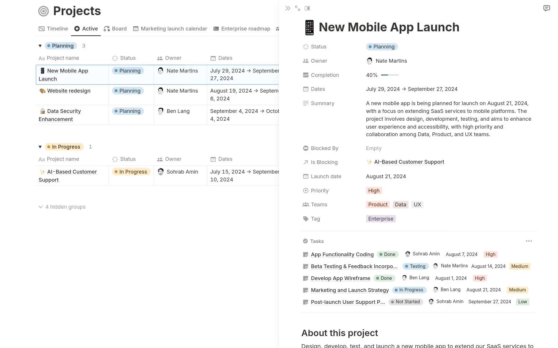 A sample product roadmap in Notion that shows real-time status, blockers, progress, and more