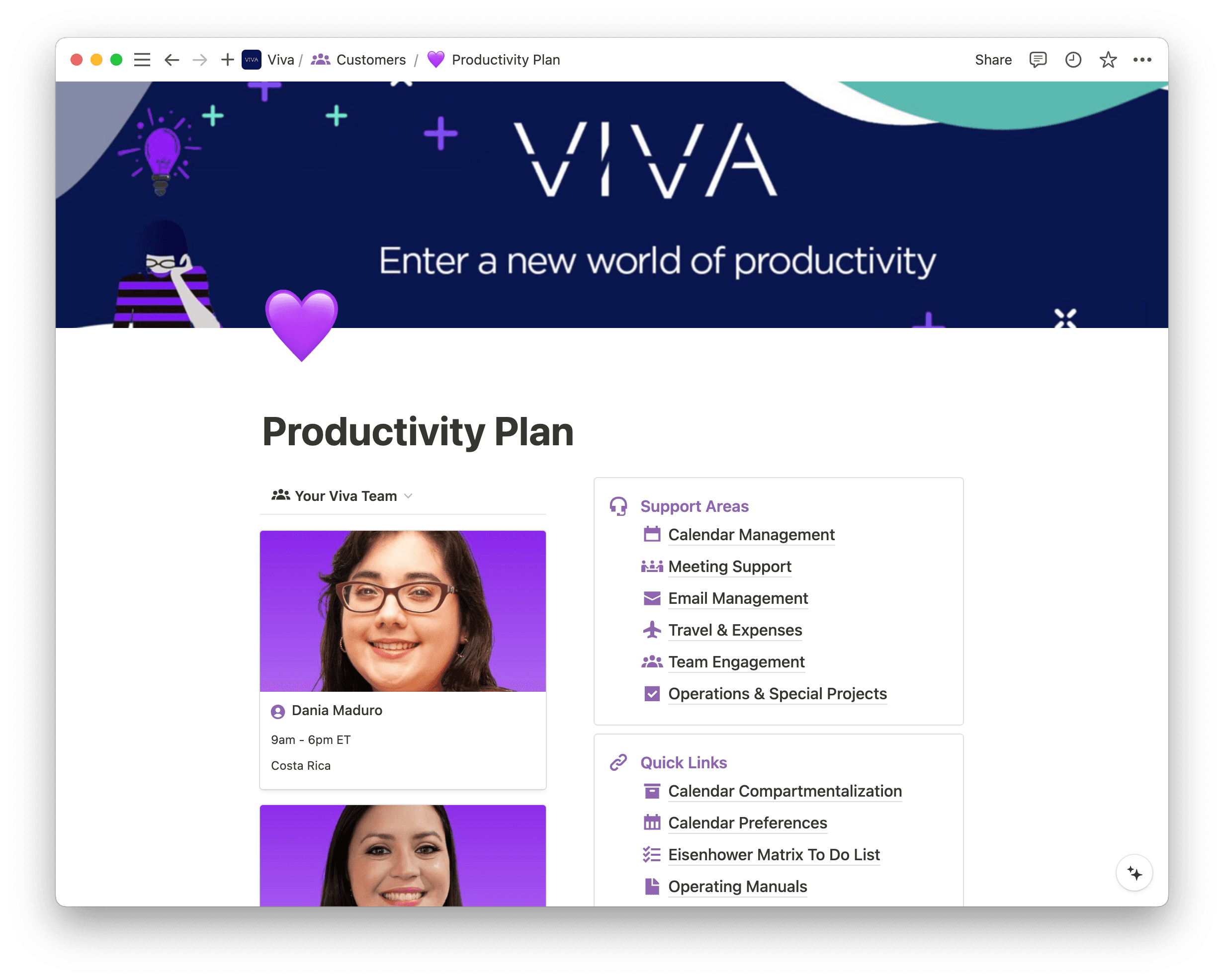 Viva's creates productivity plans for all of their customers in Notion that serve as a centralized hub for all of the work their EAs support.
