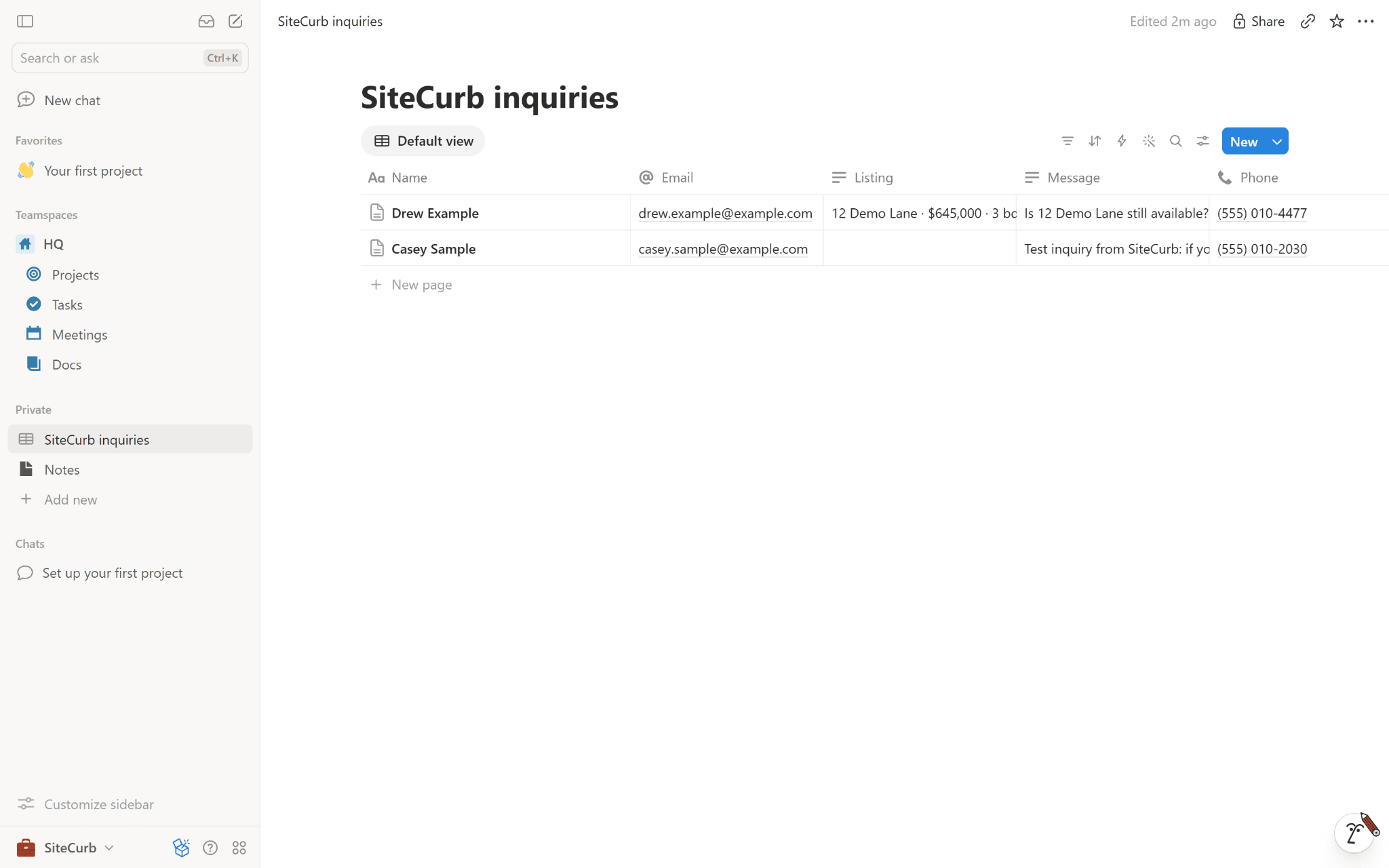 Send your SiteCurb real estate website's inquiries to a Notion database.