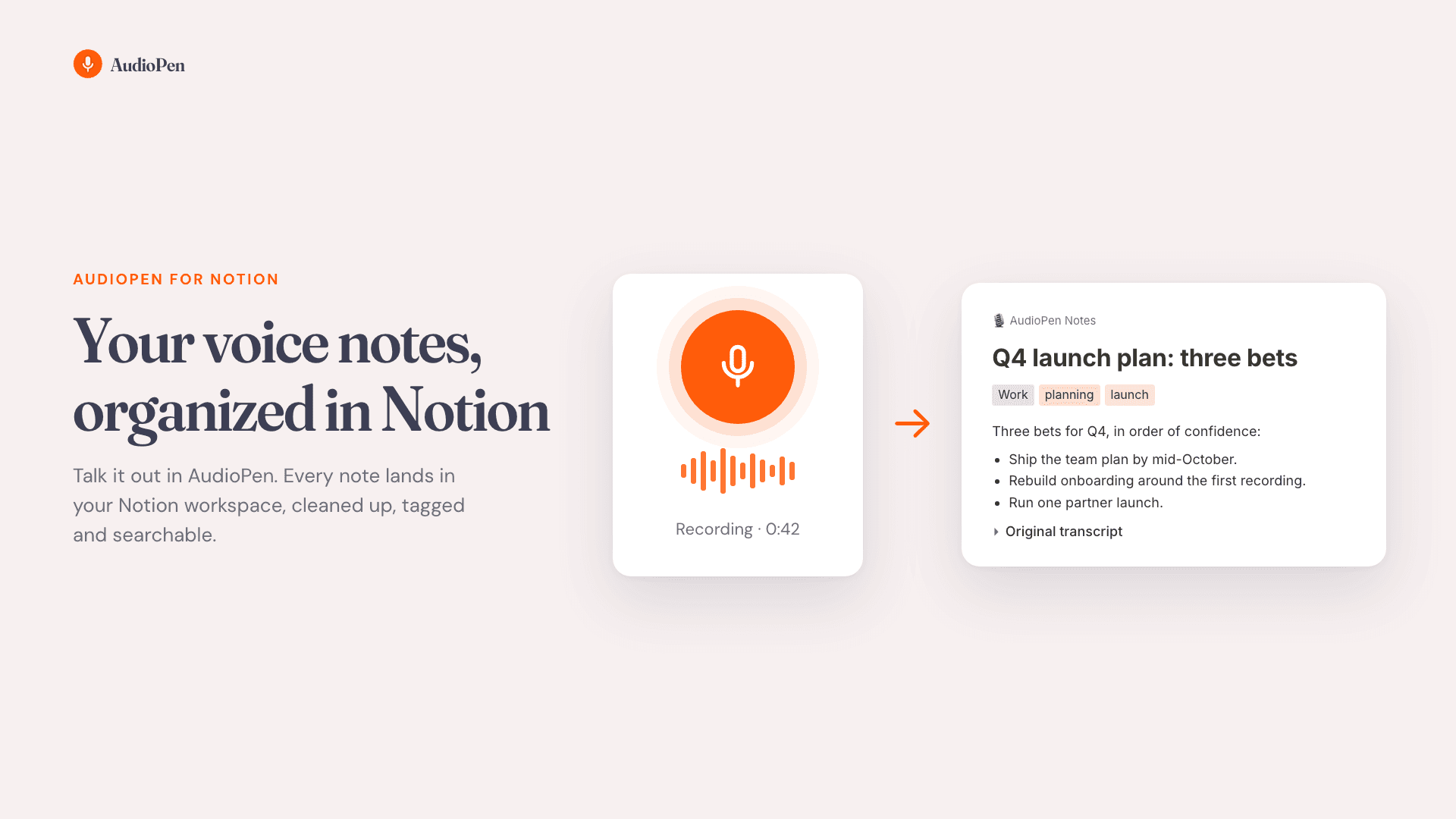Send your AudioPen voice notes to a Notion database, automatically.