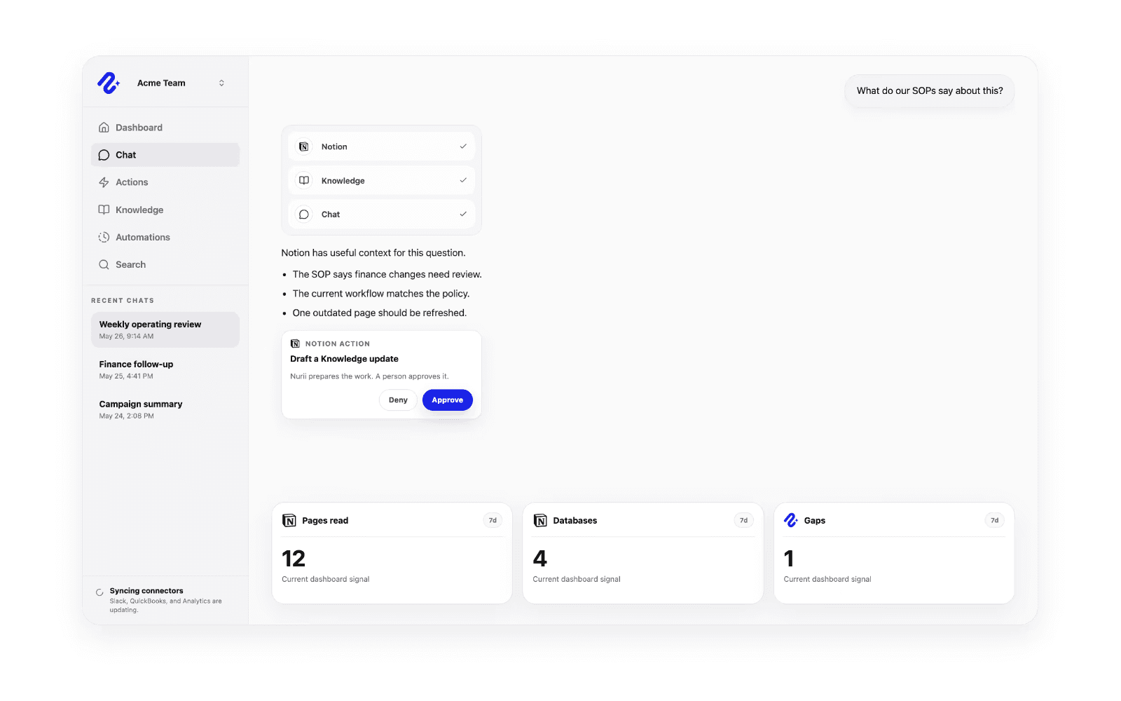Connect Notion to Nurii so teams can ask across workspace knowledge, use pages and data sources in AI workflows, and prepare reviewed follow-up.