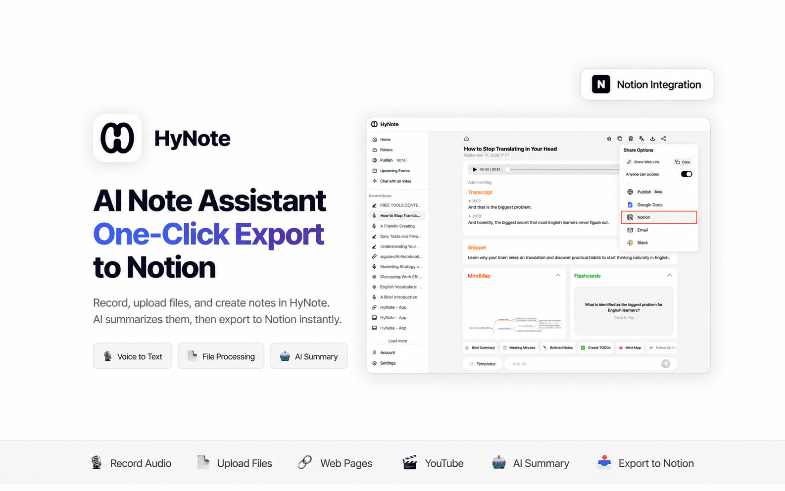 Turn recordings, files, and handwritten notes into clear AI summaries—and export them to Notion in one click.